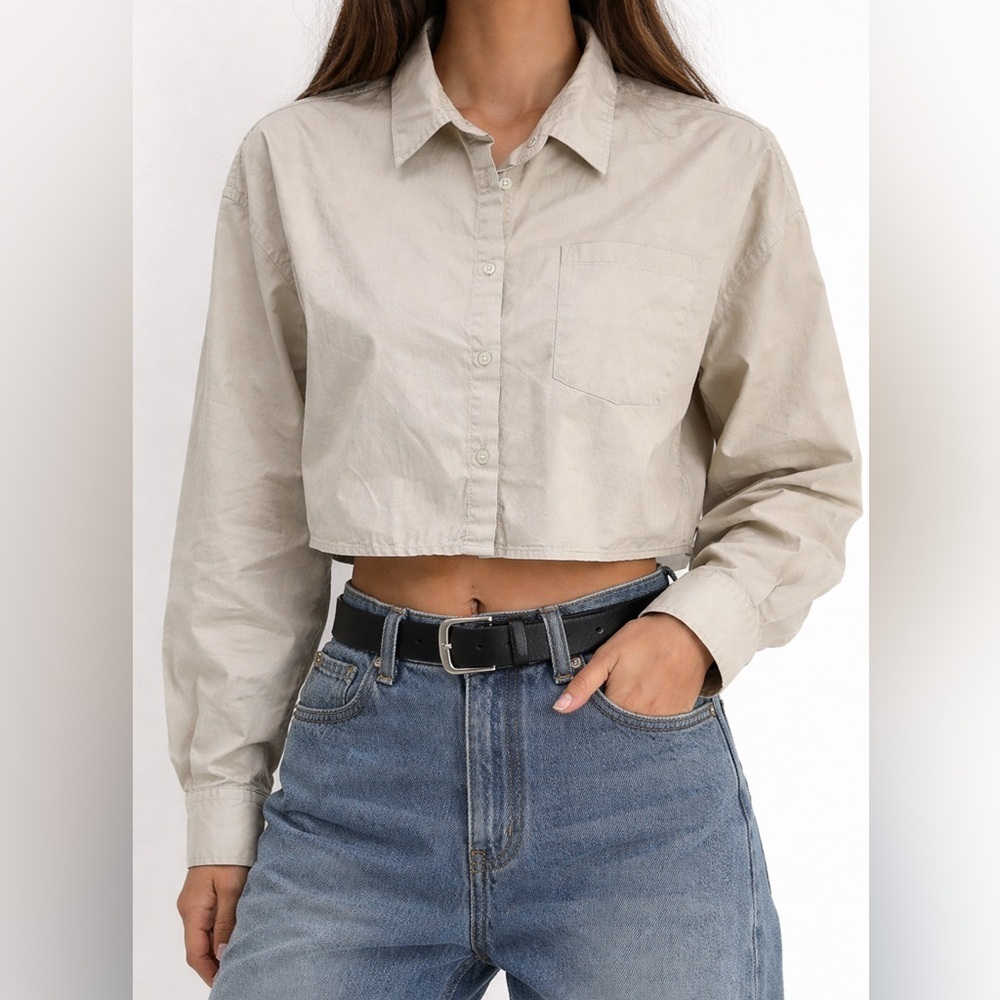 Beige Cropped Button-Up Shirt